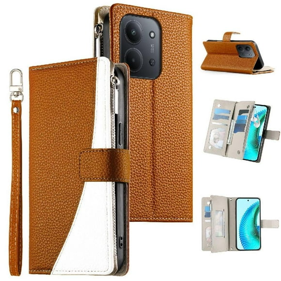 Funda cartera GANGXUN para Xiaomi Redmi 15C , cuero PU con tarjetero, cremallera, correa de mano, soporte y protección 752°