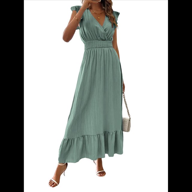 Vestido de Verano para Mujer, Elegante, con Escote en V, Volantes, Mangas Sueltas, Cintura Plisada, para Invitada de Boda. Verde XXL