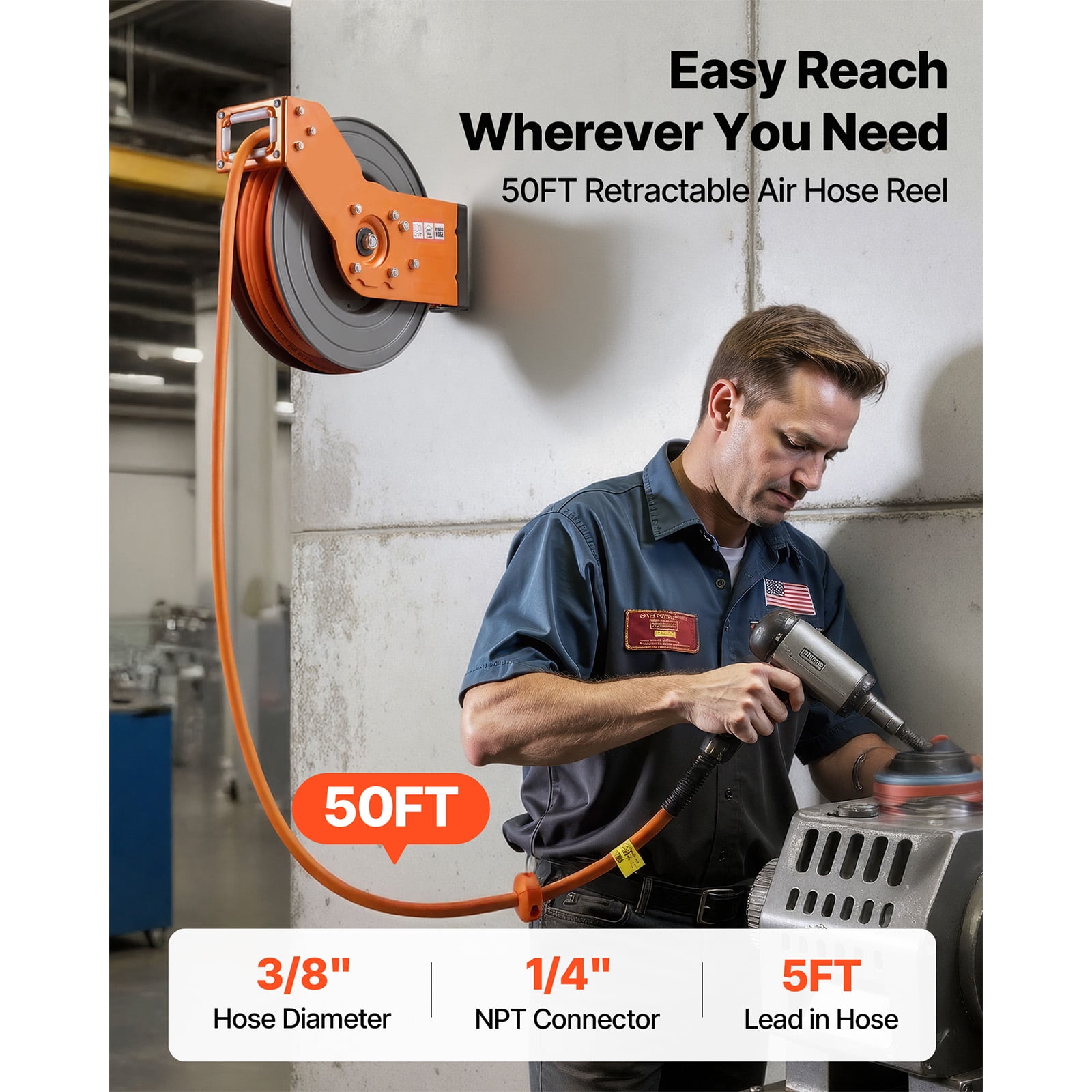 KFFKFF Retractable Air Hose Reel, 3/8 Inch x 50 FT Hybrid Hose, 300 PSI Capacity, Auto Rewind with 5 ft Lead-In, 180° Swivel Mount for Garage and Workshop Use