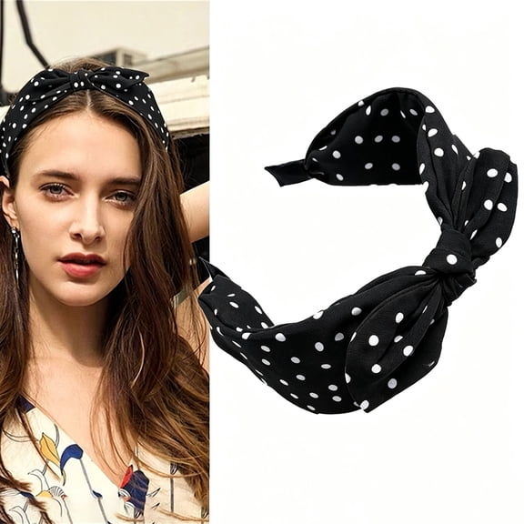 Ljudmp Womens Polka Dot Print Bow Headbands Cute Bunny Ears Top Knot Hairband Non-Slip Vintage Hair Hoop Head Wrap Black