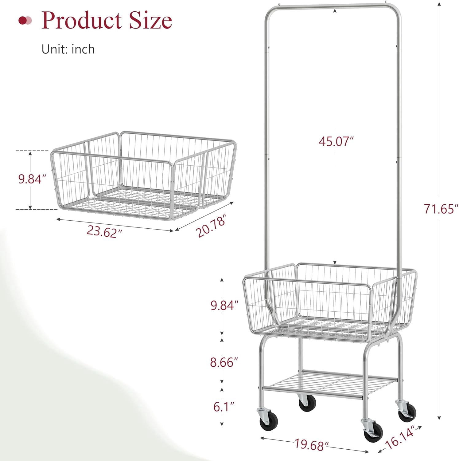 Laundry Cart with Hanging Rack, Metal Rolling Laundry Cart with Wheels and Storage Basket, Silver