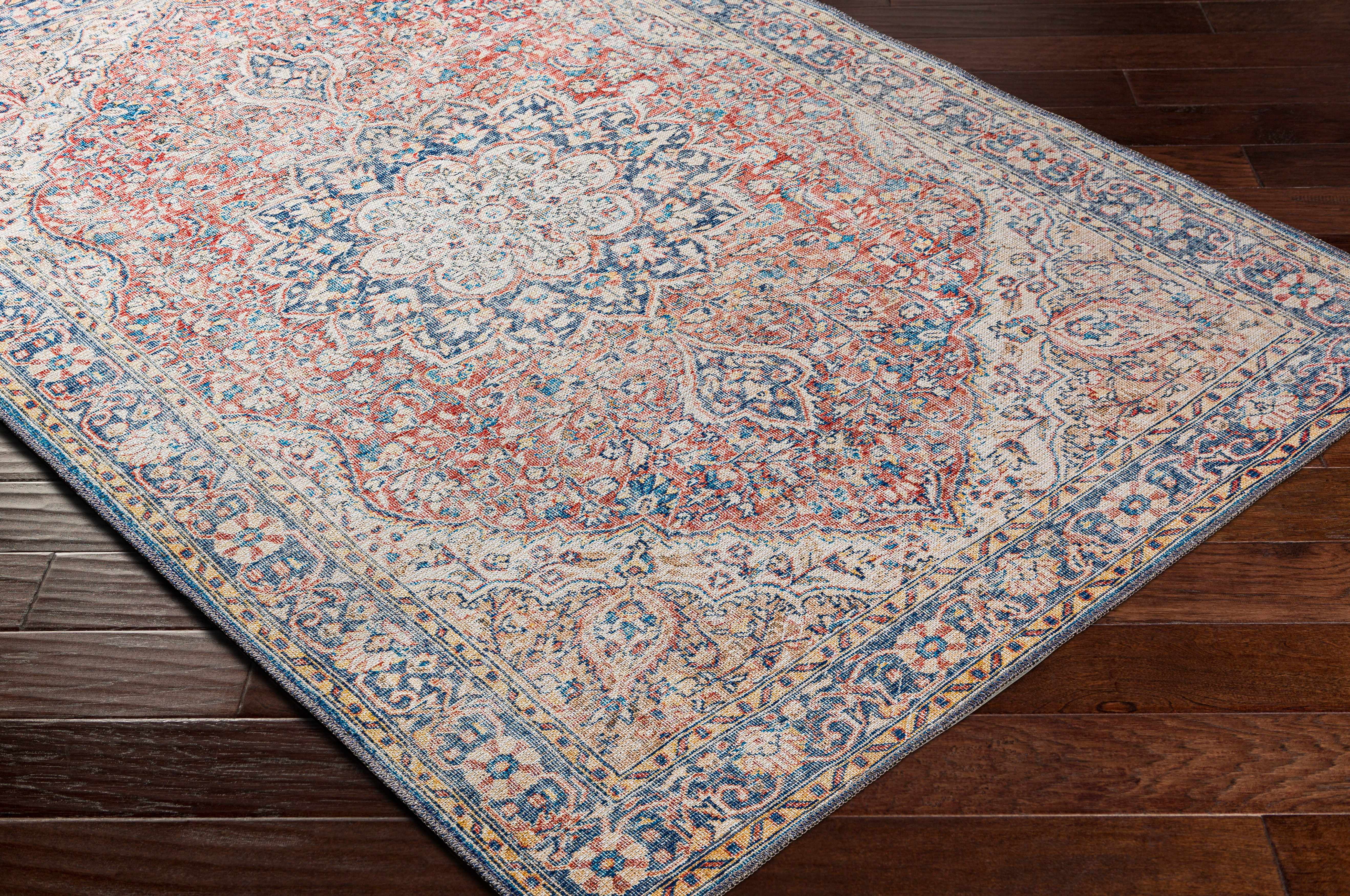 Hauteloom Wacousta Machine Washable Hallway Kitchen Runner Rug - Oriental Traditional Medallion - Bohemian Vintage Distressed Long Carpet - Brick Red, Blue, Yellow - 2'7" x 10'