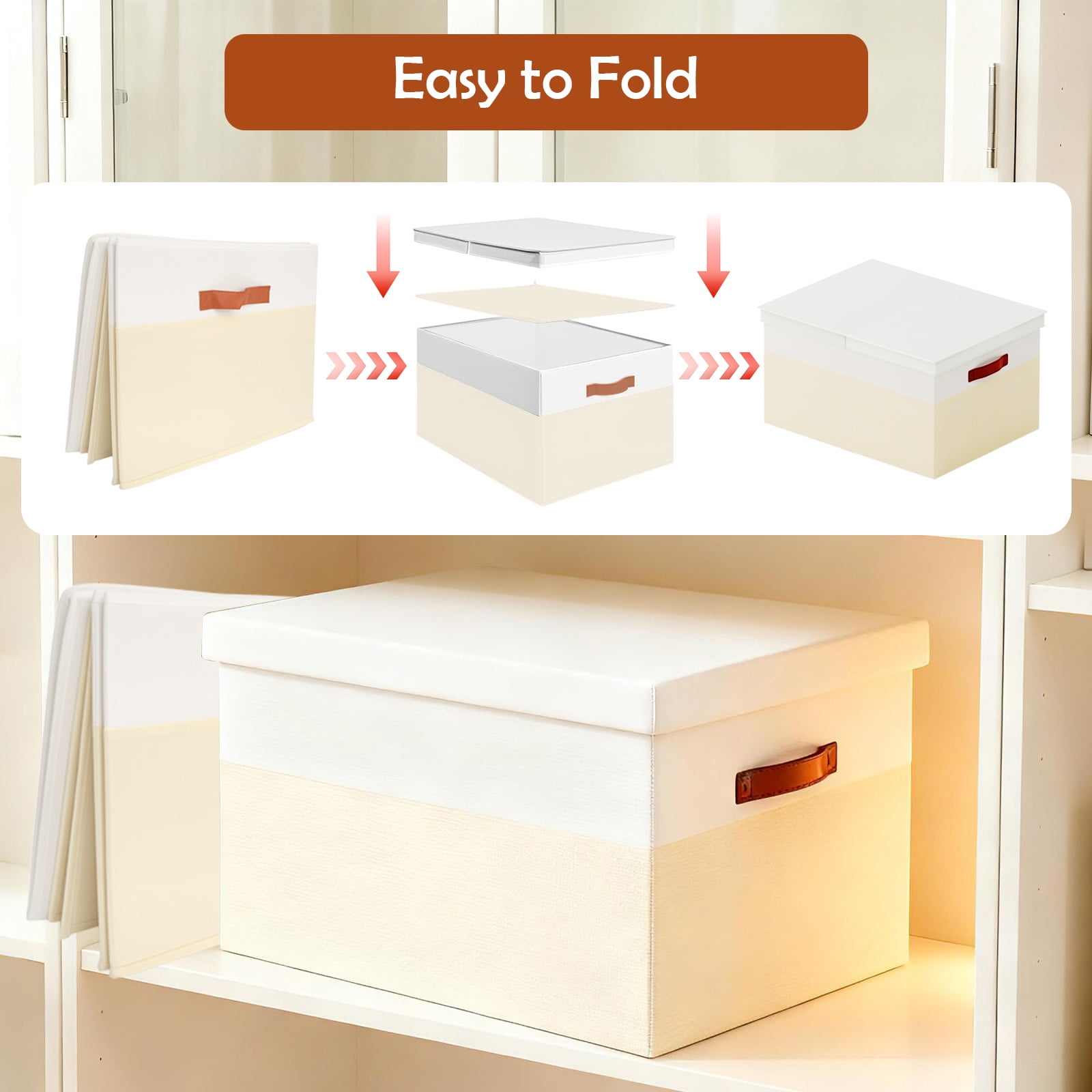 Storage Bins with Lids, 2 Pack Extra Large Blanket Storage Baskets with Lids, Closet Organizers Bins for Living Room, Nursery, Beige and White