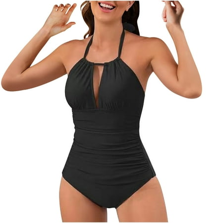 Brondbend One Piece Swimsuit Women Solid Color Keyhole Neck Halter One-Piece Swimsuits Sexy Adjustable Straps Pleated Tunic Bikinis with Pad Slim Fit Womens Fashion for Casual Holiday Deals Black M