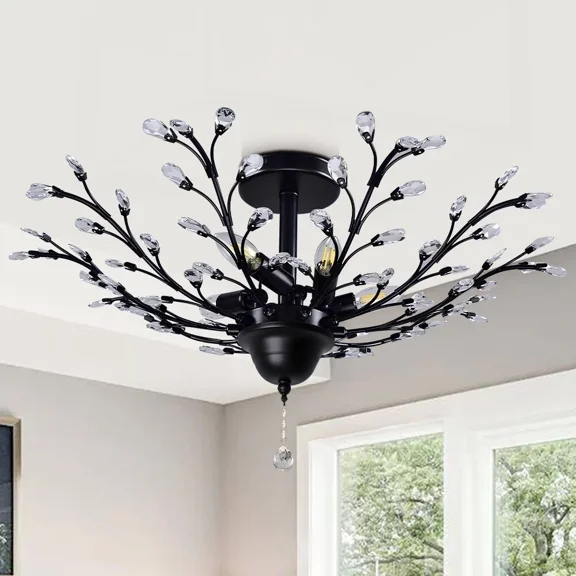 LUOLAX Retro 4-Light Candles Chandelier Crystal Ceiling Light Flower Shape Pendant Lamp