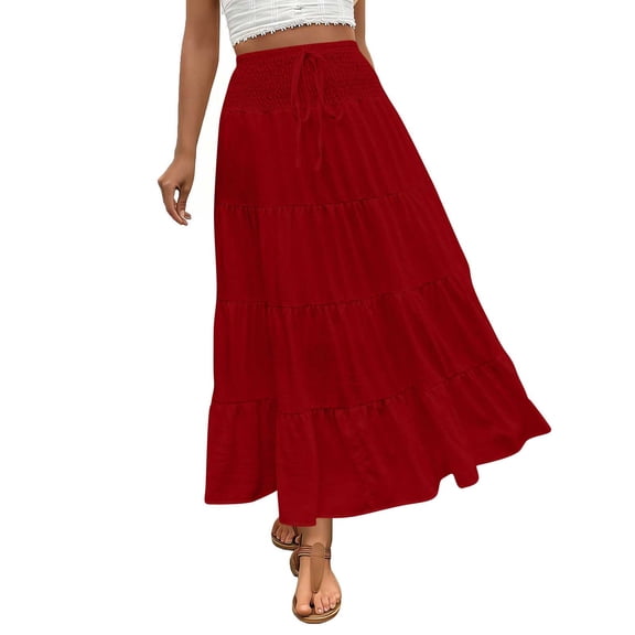 HBGVBA Women's Maxi Skirts,Casual Pleated Skirts,Solid Color High Waist Boho Style Elastic Waist Flowy Ruched Long Maxi Skirts