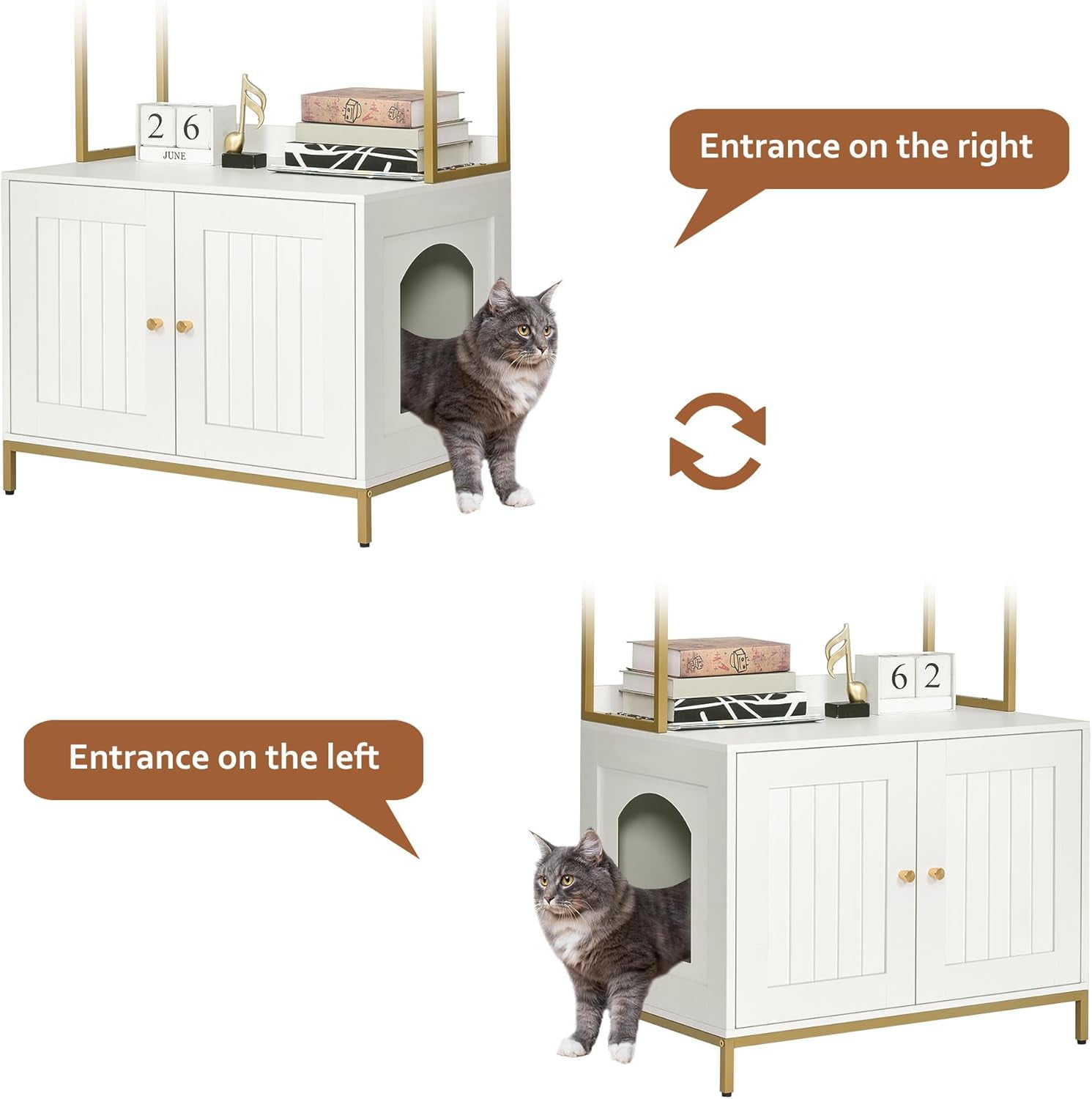 Cat litter box, cat litter box furniture with double-layer storage shelves, wooden cat restroom furniture with metal frame, modern style, white and gold