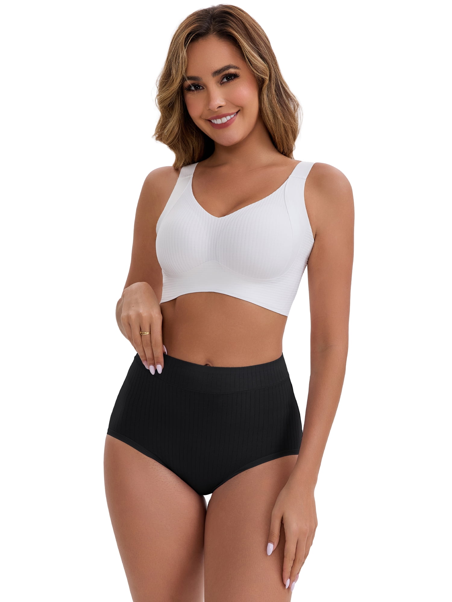 DARING DIVA Women's High-Waisted Cotton Underwear Briefs 3 Pcs M Black, Gray