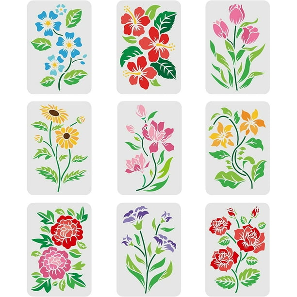 9 plantillas de flores para pintar, 11,7 x 8,3 pulgadas, plantilla de dibujo de flores y hojas, plantilla reutilizable para manualidades