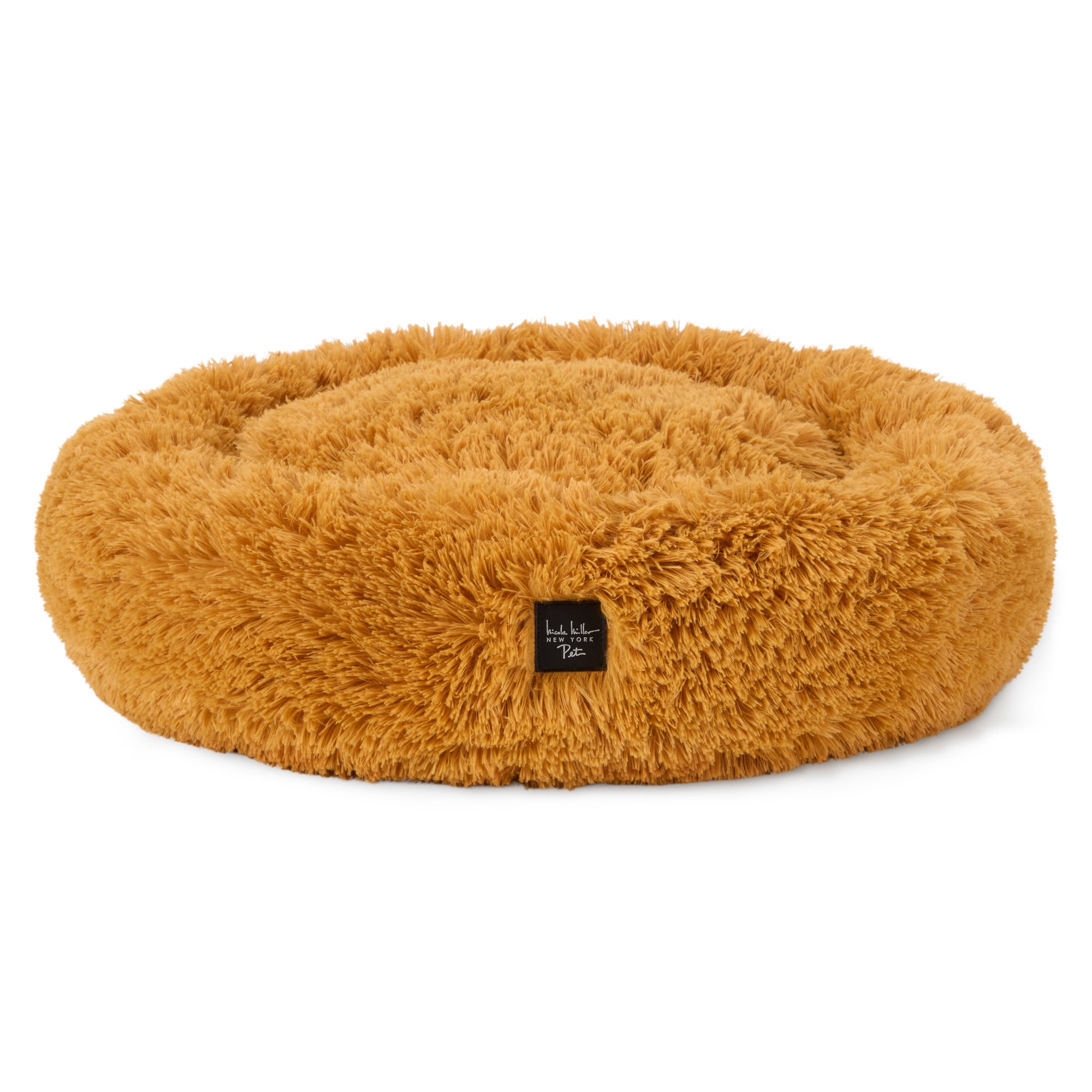 NICOLE MILLER NEW YORK PET Ellie Fuzzy Solid Donut Pet Bed, Plush, Cozy & Calming, Water Repellent, Non-Slip Bottom, 100% Machine Washable, Gold, Small 24"x24"x7" Round