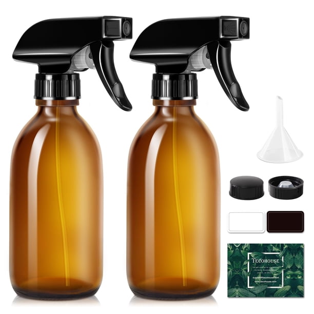 Tecohouse Botellas De Spray De Vidrio De 8 Oz, Botellas De Spray Para El Cabello Ámbar, Paquete De 2 Envases Vacíos Recargables Con Etiquetas, Tapas De Embudo, Pipetas Graduadas, Tamaño De Mano