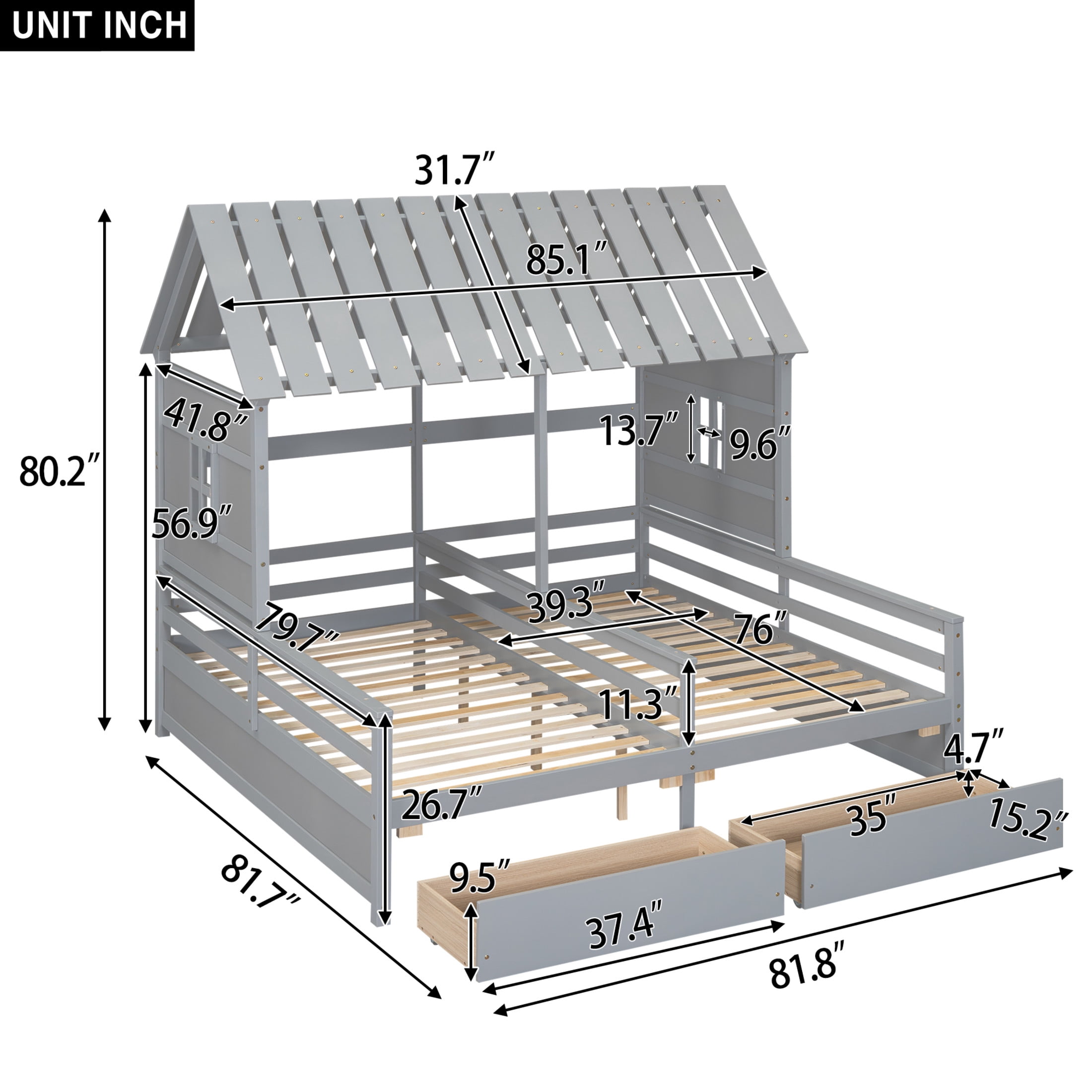 Noble House Junton Dual Twin Size House Platform Bed for Shared Rooms, 2 Side-by-Side Beds with Drawers, Gray