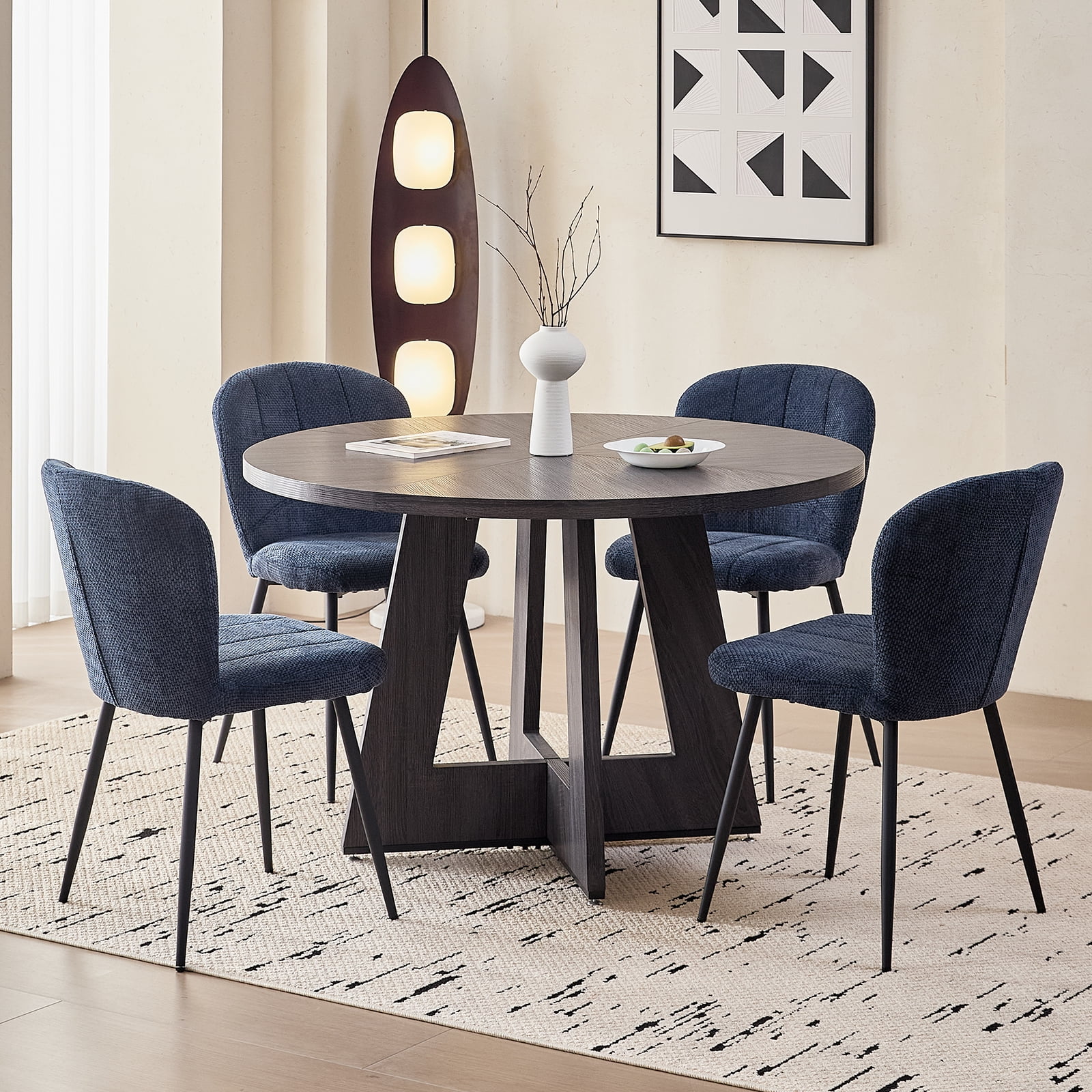 47 inch Round Dining Table, Farmhouse Circle Kitchen Table, Large Wood Dinner Table for 4, Wooden Pedestal Dinning Table for Dining Room, Mid Century Modern Style, Gray