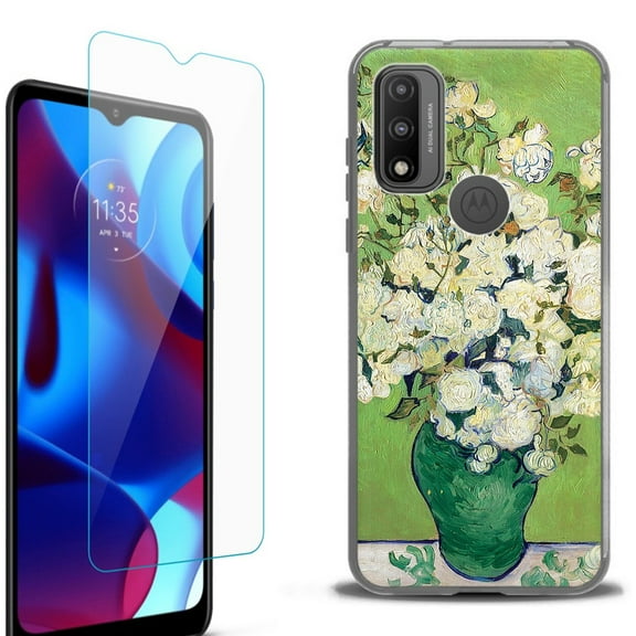 Slim-Fit Fashion Phone Case for Motorola Moto G Pure, with Tempered Glass Screen Protector, by OneToughShield ® - White Roses