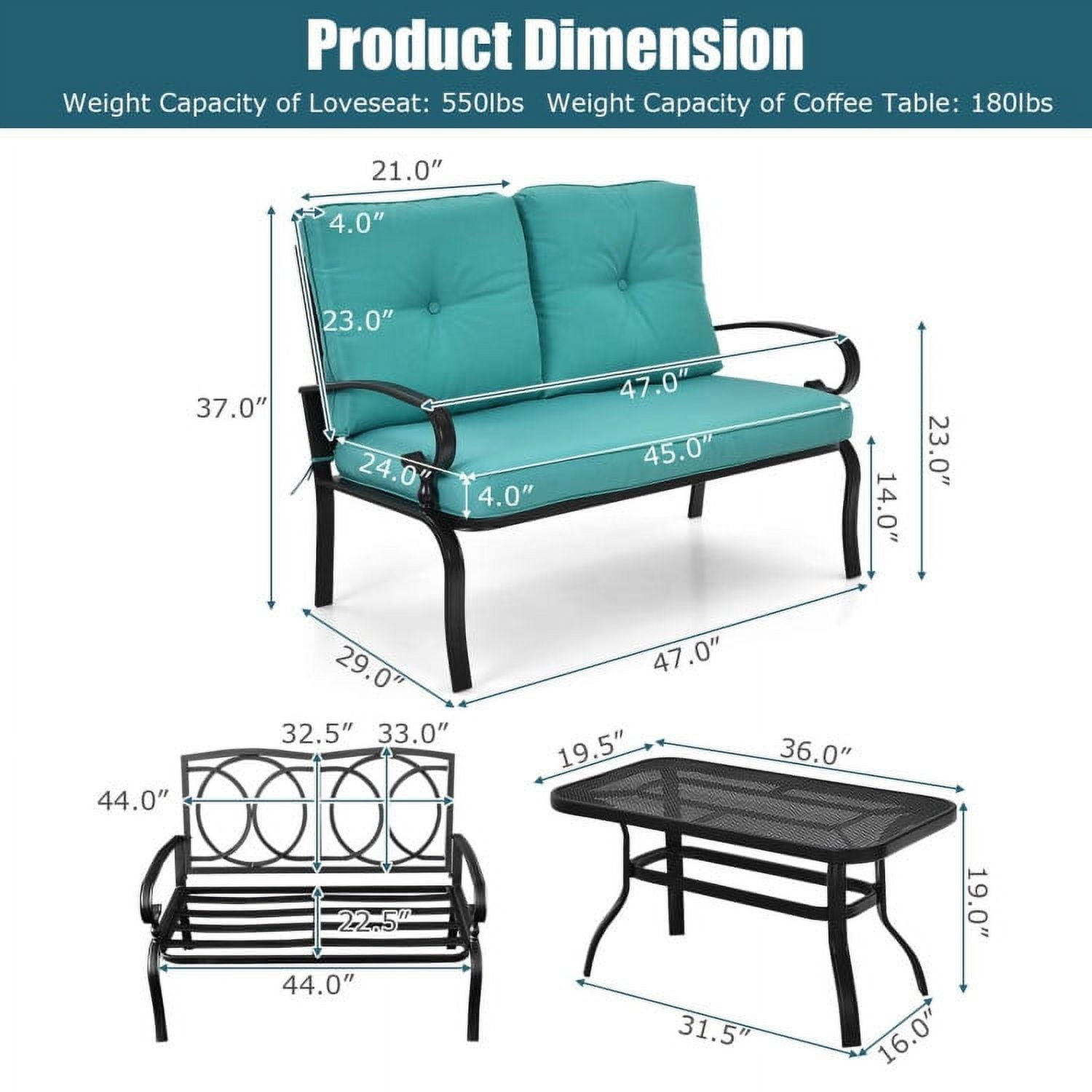 Aimee Lii 2 Pieces Outdoor Patio Furniture Set for Backyard and Poolside, Patio Conversation Sets, Turquoise