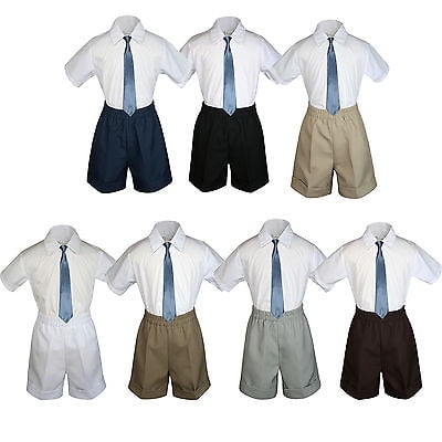 

3pc Set Boy Toddler Formal Party Dark Gray Necktie White Black Khaki Shorts S-4T
