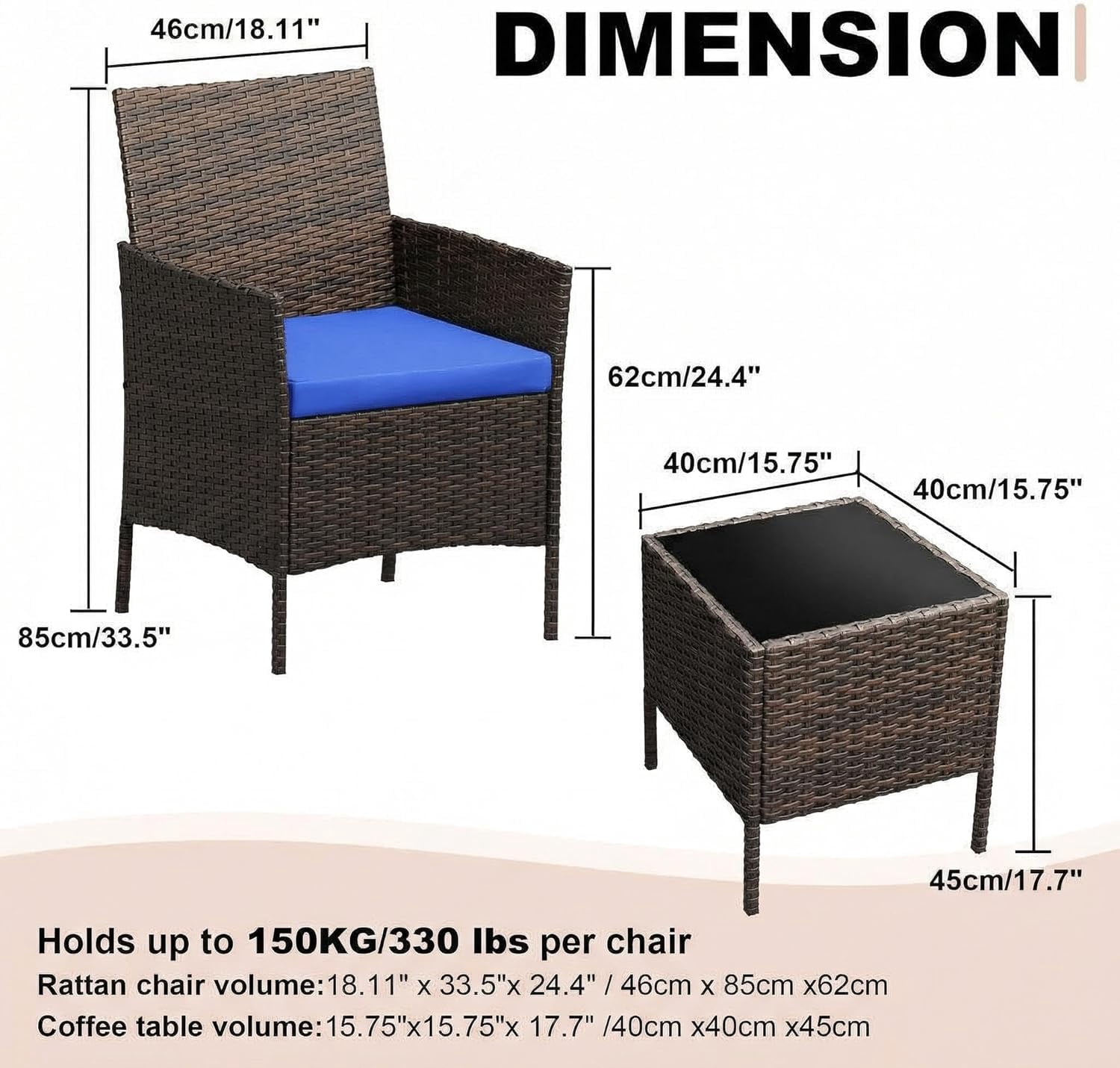 IdealHouse 3 Piece Patio Furniture Set, Rattan Outdoor Furniture with 2 Chairs & Coffee Table, Modern Outdoor Seating Conversation Bistro Set for Garden Backyard Porch (Brown and Blue)