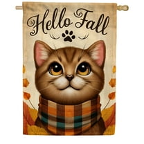 America Forever Hello Fall Cat House Flag, 28 x 40 inch Double Sided, Adorable Autumn Kitty with Scarf, Fall House Flags, Seasonal Outdoor Decorative for Lawn and House DÃ©cor