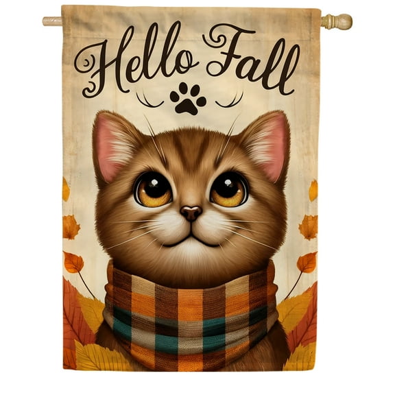 America Forever Hello Fall Cat House Flag, 28 x 40 inch Double Sided, Adorable Autumn Kitty with Scarf, Fall House Flags, Seasonal Outdoor Decorative for Lawn and House DÃ©cor