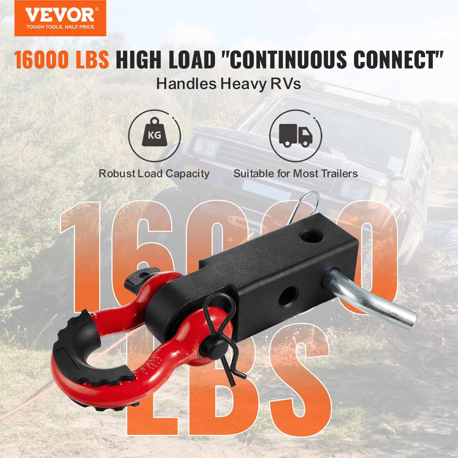 VEVOR Shackle Hitch Receiver 2", 66000 lbs Breaking Strength, D Ring Shackle with Trailer Hitch Lock Pin, Heavy Duty Towing Accessories for Trucks, Jeeps, Off-Road Vehicle Recovery, Aluminum Alloy