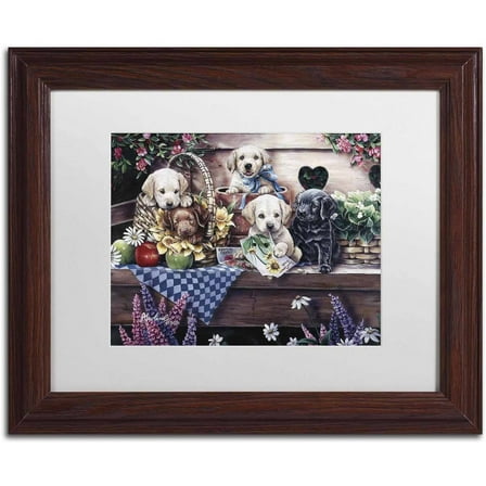Trademark Fine Art 'Five Puppies' Canvas Art by Jenny Newland, White Matte, Wood Frame