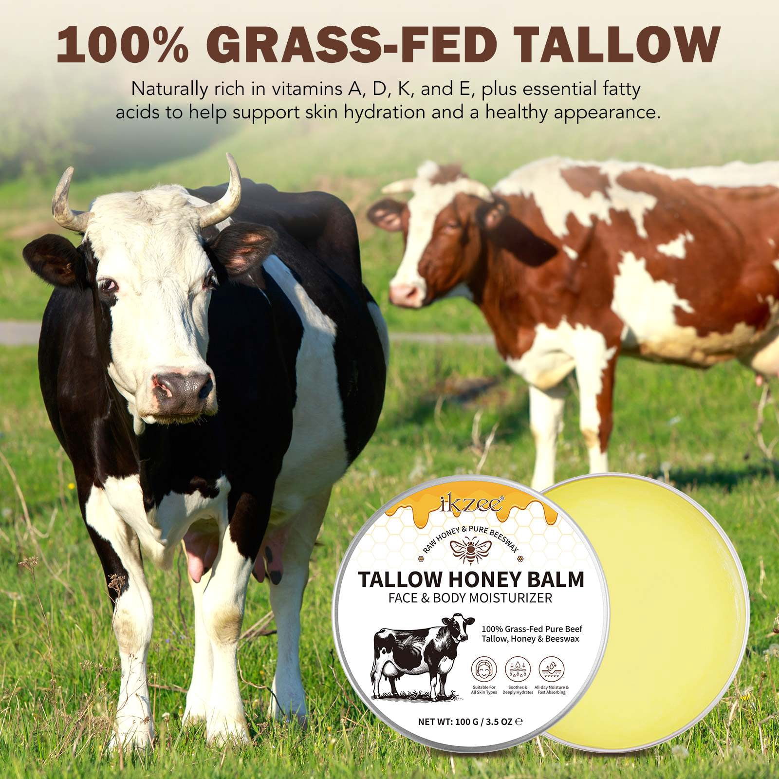 (3 pack) Ikzee Beef Tallow Balm for Skin Care 3.5oz, Face Cream Body Moisturizer, Tallow Honey Balm, Raw Honey & Pure Beeswax