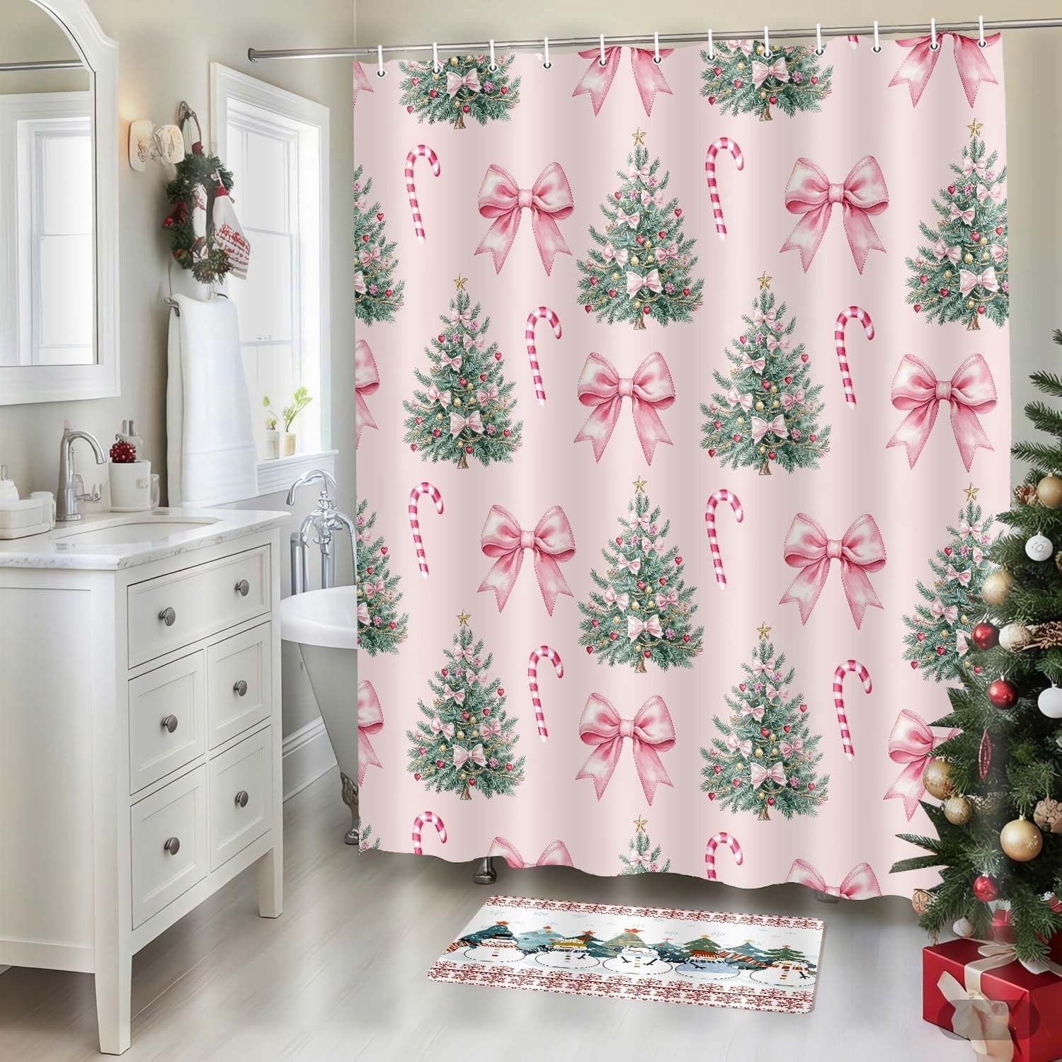 Whimsical Pink Christmas Holiday Shower Curtain Vintage Inspired Xmas Bath Curtain with Christmas Trees Playful Candy Canes Flouncy Bows, Cute Kawaii Coquette Aesthetic Festive Bathroom Decor 70X70IN