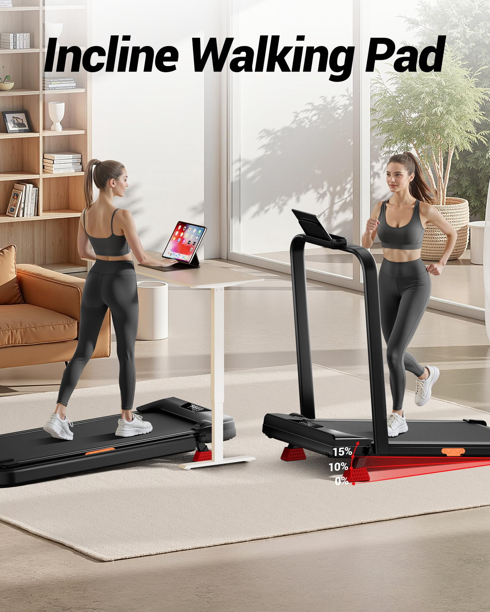 15% Incline Walking Pad Treadmill with Handle Bar - 2.5HP Quiet Folding Treadmill for Home Office Under Desk Portable Walking Pad with 300LBS Capacity