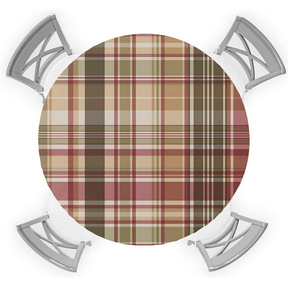 Round Table Cover 45-54 Inch, Waterproof Reusable Table Cloth Round Fitted Vinyl Tablecloth with Elastic Edged for Parties Outdoors, Autumn Vintage Plaid Brown