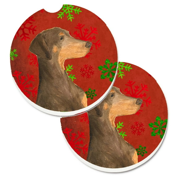 Doberman Red and Green Snowflakes Holiday Christmas Set of 2 Cup Holder Car Coasters