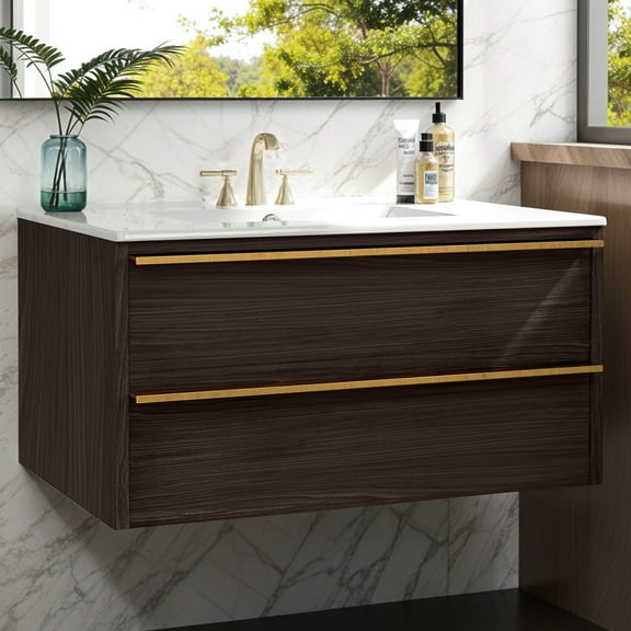 ModFusion 32 Inch Bathroom Vanity with Ceramic Basin, Wall Mounted Bathroom Cabinet with Integrated Sink & Double Drawers, Black