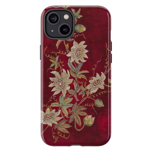 Vintage Botanical Floral Phone Case with Burgundy Wine Background, Elegant Artistic Flower Protective Cover for iPhone 17, 16, 15, 14, 13, 12, 11, Pro Max, Plus, Mini