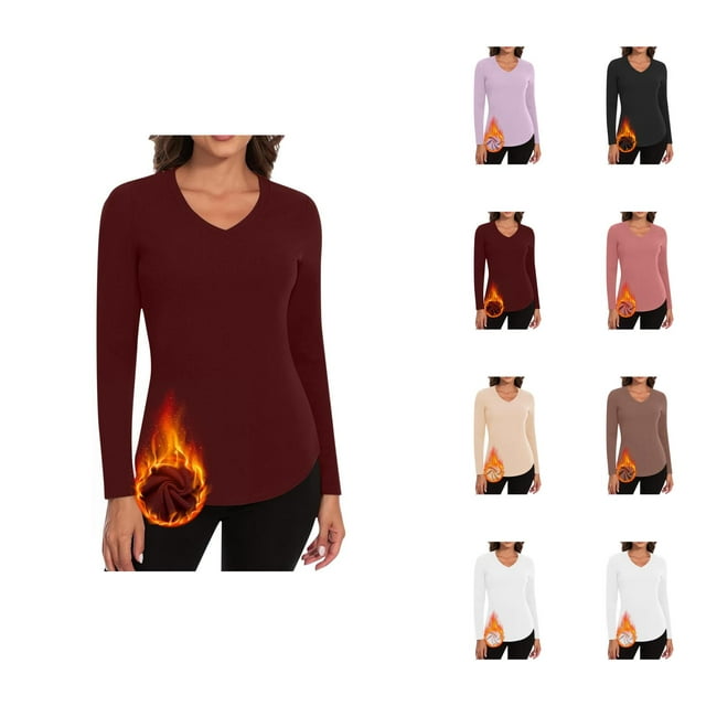 Long Sleeve Shirts for Women 2026 Fall Winter Plain V Neck Fitted Breathable Undershirt T Shirt
