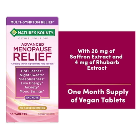 Nature’s Bounty Advanced Menopause Relief for Menopause Symptoms, Menopause Support, Menopause Vitamins for Women, No added Hormones, Drug-Free, 30 Tablets