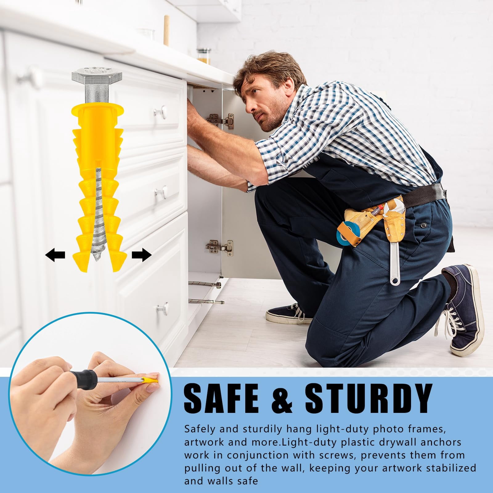 500 Pcs #4-6-8 x 7/8 Inch Ribbed Lightweight Plastic Anchors Drywall Anchors for Hollow Walls Pictures Artwork Decor Light Duty Anchoring Application (Yellow)