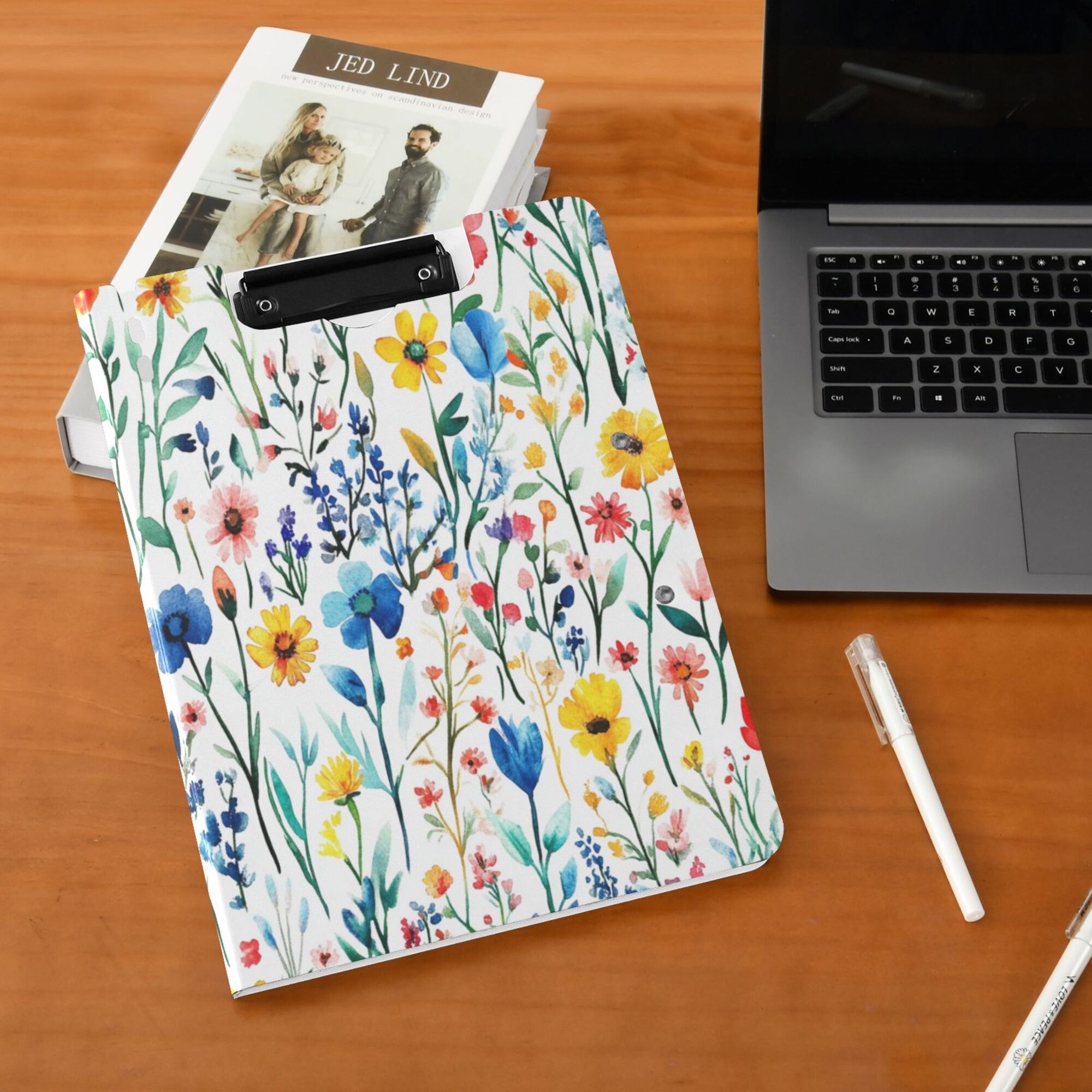 FORMRS A4 Clipboard Folder with Pen Holder Horizontal Foldable School Office Binder, Blue Wildflower Pattern