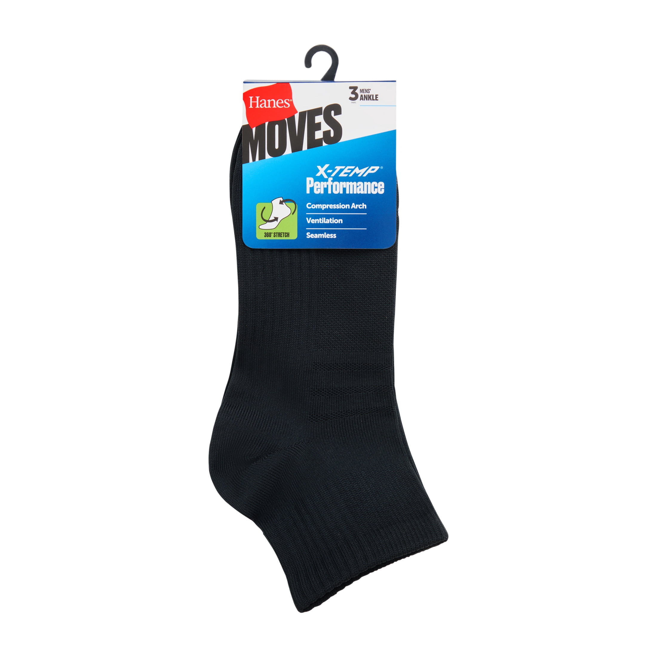 Hanes Mens Ankle Socks Value Pack, 3-Pack, Moves X-Temp 360-Degree Stretch Socks for Men