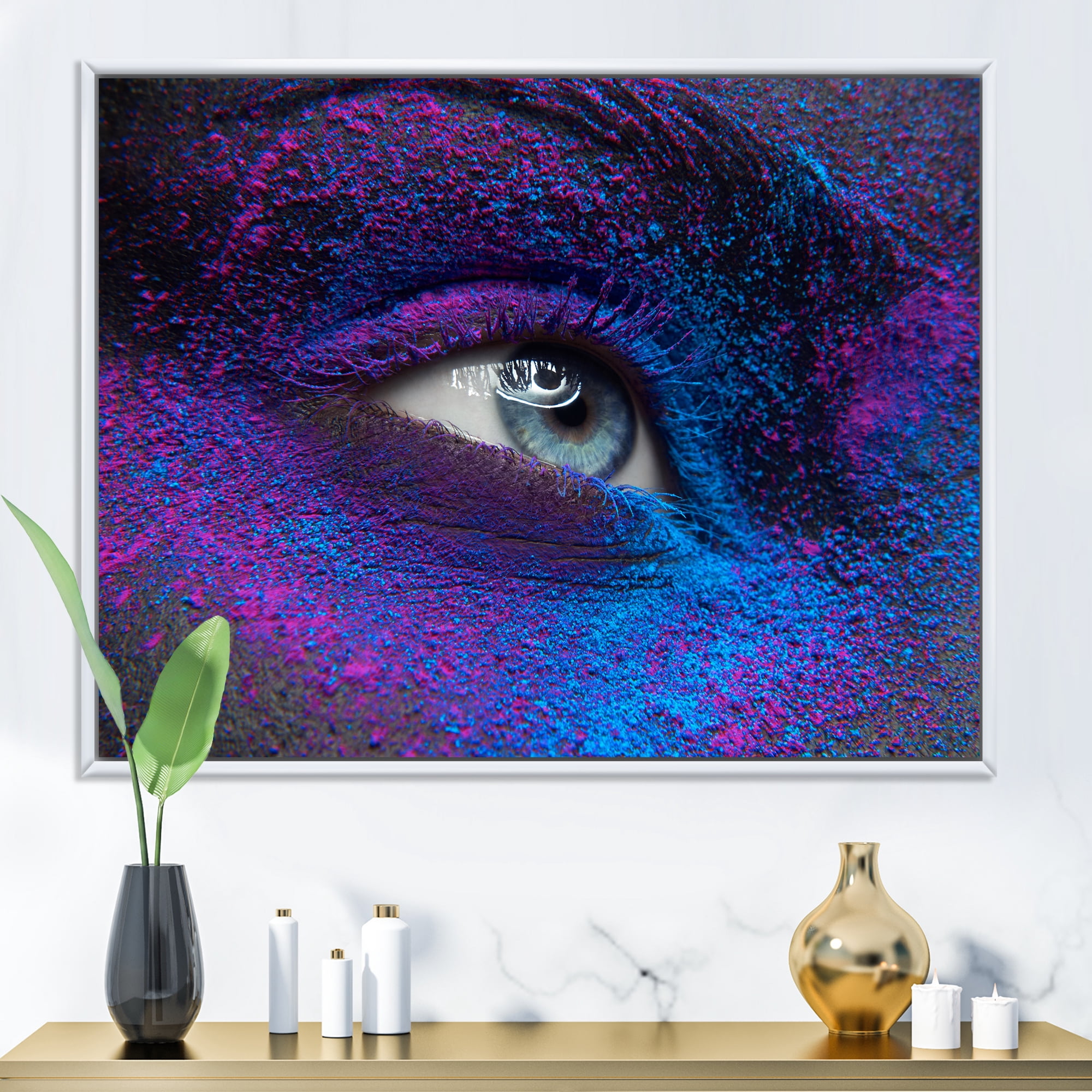 Designart 'Woman Eye With Dry Paint Dust Pigment On Face' Modern Framed Canvas Wall Art Print