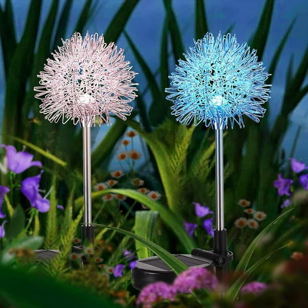 Luz solar para jardín al aire libre, 2 luces LED solares de diente de león con forma de estaca, impermeables, para patio, pasarela