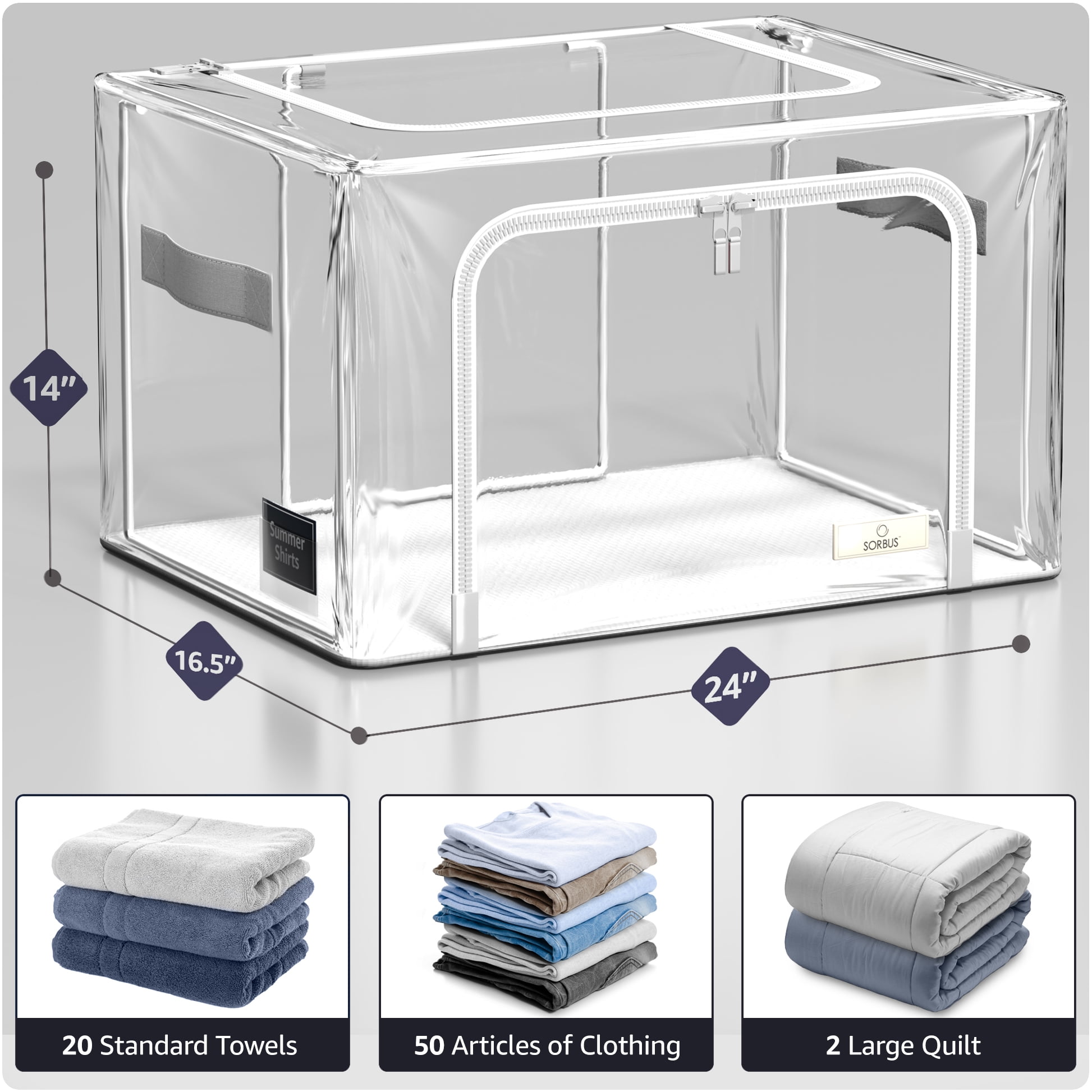 Sorbus Large Stackable Storage Bins, 4-Pack, Metal Frame, Clear Collapsible Design, Zipper Closure