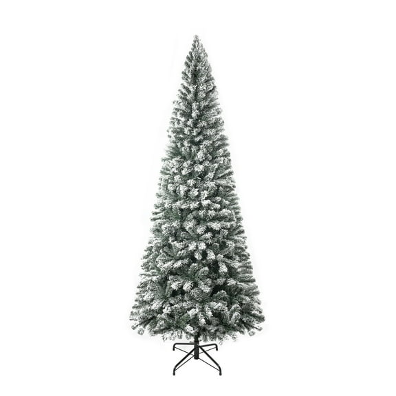 6.5ft Slim Snow Flocked Christmas Tree with Lights, Frosted Skinny Pencil Christmas Tree Prelit with 864 Branch Tips, 250 Warm Lights and Metal Stand by Homestock