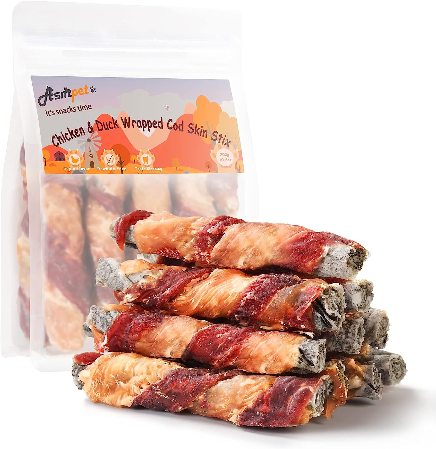 ASMPET Rawhide Free Dog Treats Chicken & Duck Wrapped Cod Skin Stick