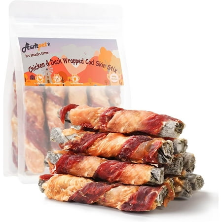 ASMPET Rawhide Free Dog Treats Chicken & Duck Wrapped Cod Skin Stick Healthy Dog Chew Training Snacks for Small Medium Large Dogs 11oz