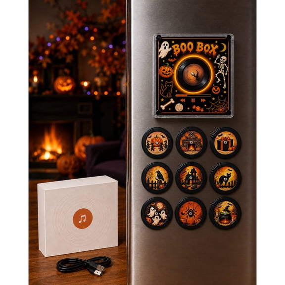 Xioghol Magnetic Vinyl Player for Fridge, Christmas NFC Music Box with 9 Programmable Mini Records, Custom Audio, Spinning Disc, LED Glow, Adjustable Volume, Rechargeable Holiday Gift Set