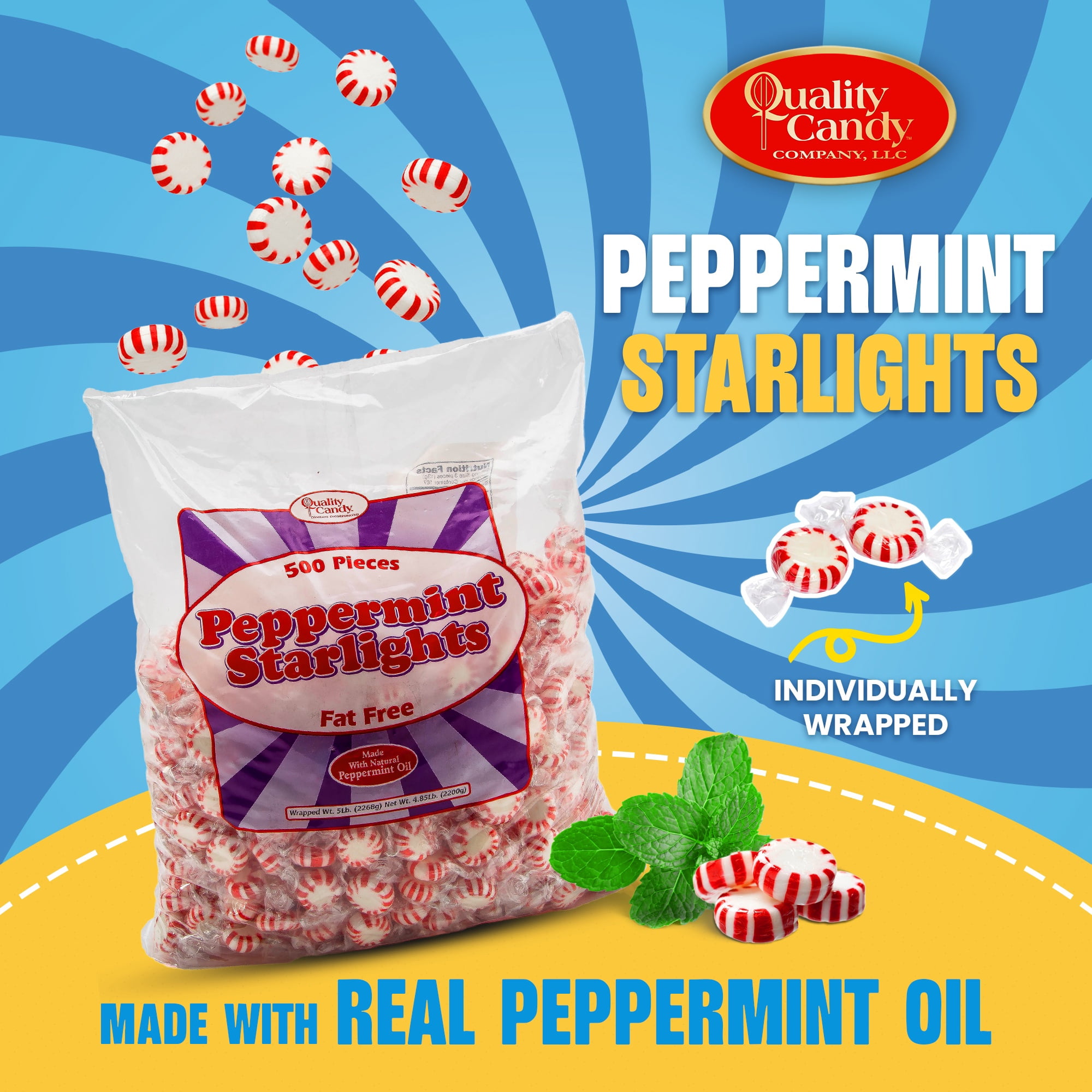 Quality Candy Company Peppermint Starlight Mints – Classic Red & White Hard Candy Made with Real Peppermint Oil – Individually Wrapped for Holidays, Parties & Everyday Treats, 5 LB Bulk Bag