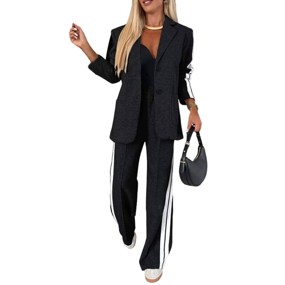 2 Pcs/Set Lady Formal Coat Pants Set Turn-down Collar Single-breasted Long Sleeves Jacket Loose Striped Wide Leg Trousers Casual Daily Wear Commuting Outfit