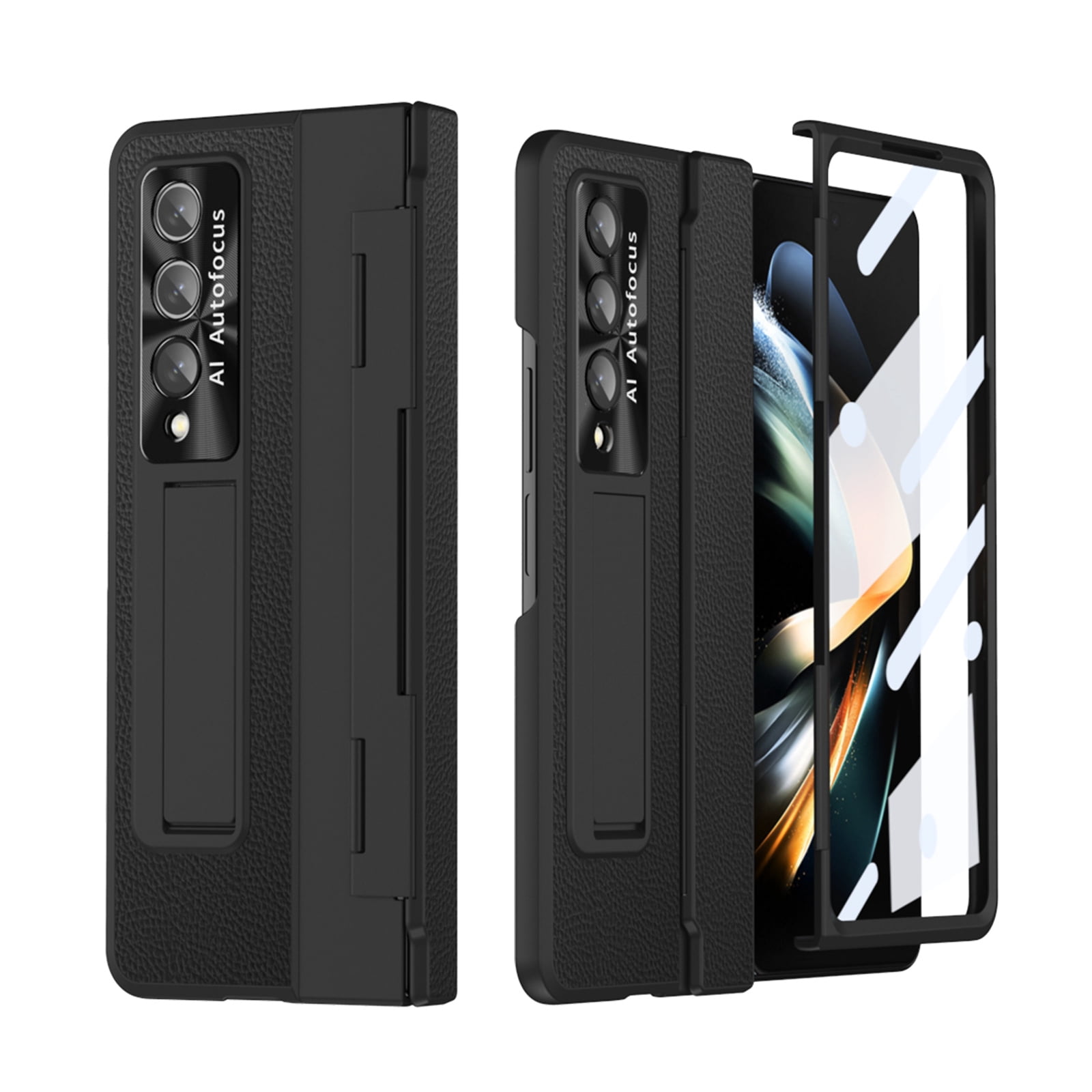 TECH CIRCLE Galaxy Z Fold 3 Case, Ultra-Thin Luxury PU Leather Hard PC Kickstand Anti-Scratch Shockproof Hinge Protection Case Support Wireless Charging for Samsung Galaxy Z Fold 3 5G, Black