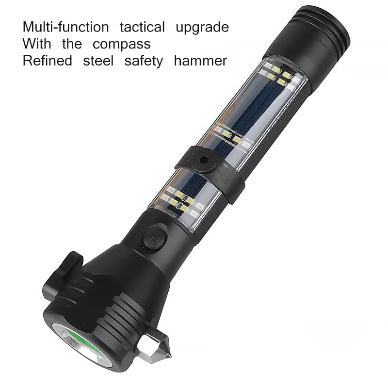 LED Multifunctional Solar Flashlight USB Rechargeable Emergency Escape  Safety Hammer Outdoor Warning Light Flashlight