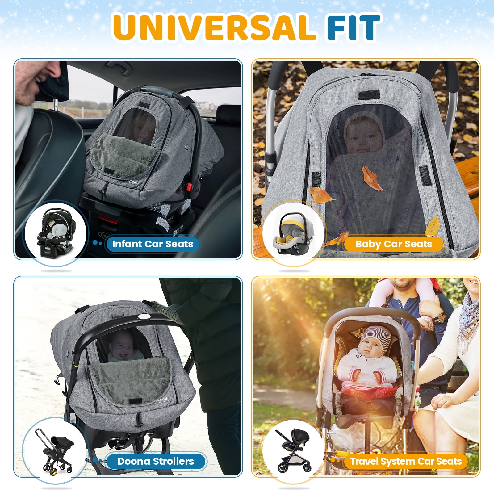 Orzbow Winter Car Seat Cover for Babies, Waterproof Carseat Canopy Cover with Peep Window, Machine Washable, Light Grey