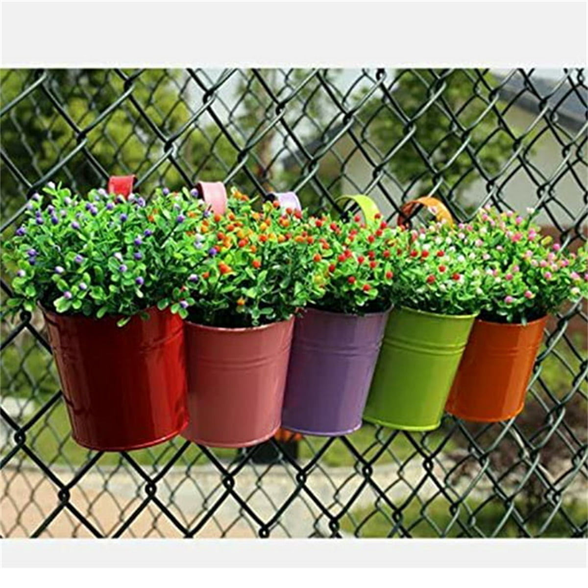 Casewin 4" Small Iron Hanging Planters Multicolor Flower Pots Balcony Garden Railing Planter, Fence Hanging Metal Bucket Plants Holders Set for Indoor and Outdoor, 12PCS